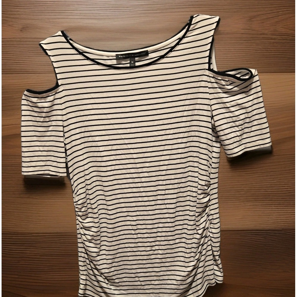 White House Black Market Sz Med Blouse Shirt White Stripped Cold Shoulder sleeve
